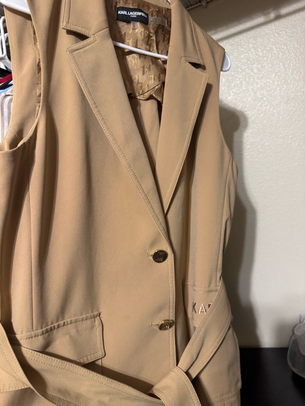 Karl Lagerfeld Sleeveless Belted Trench Vest in Camel